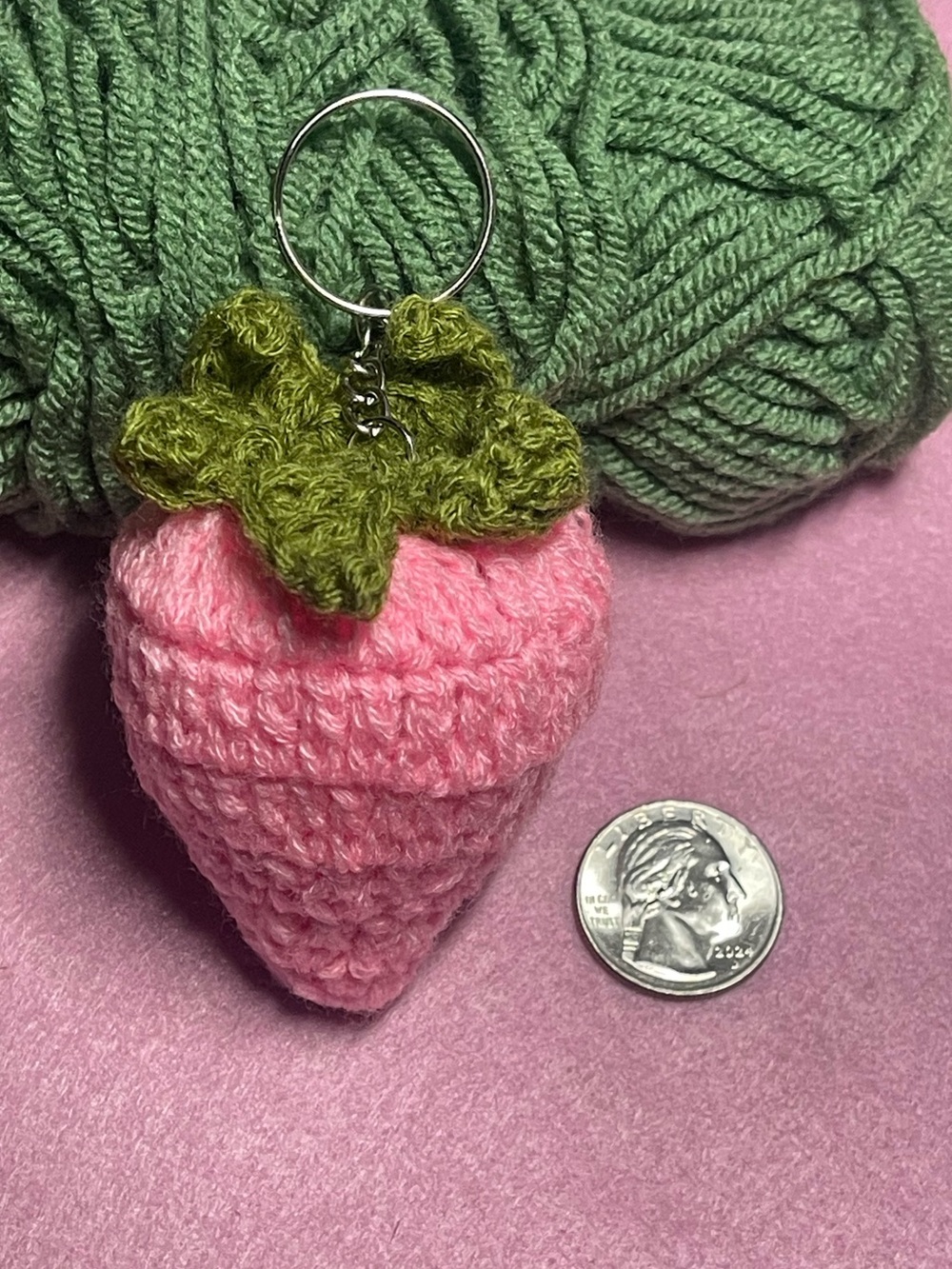 Handmade Pink Strawberry Keychain with Green Leaf Accent